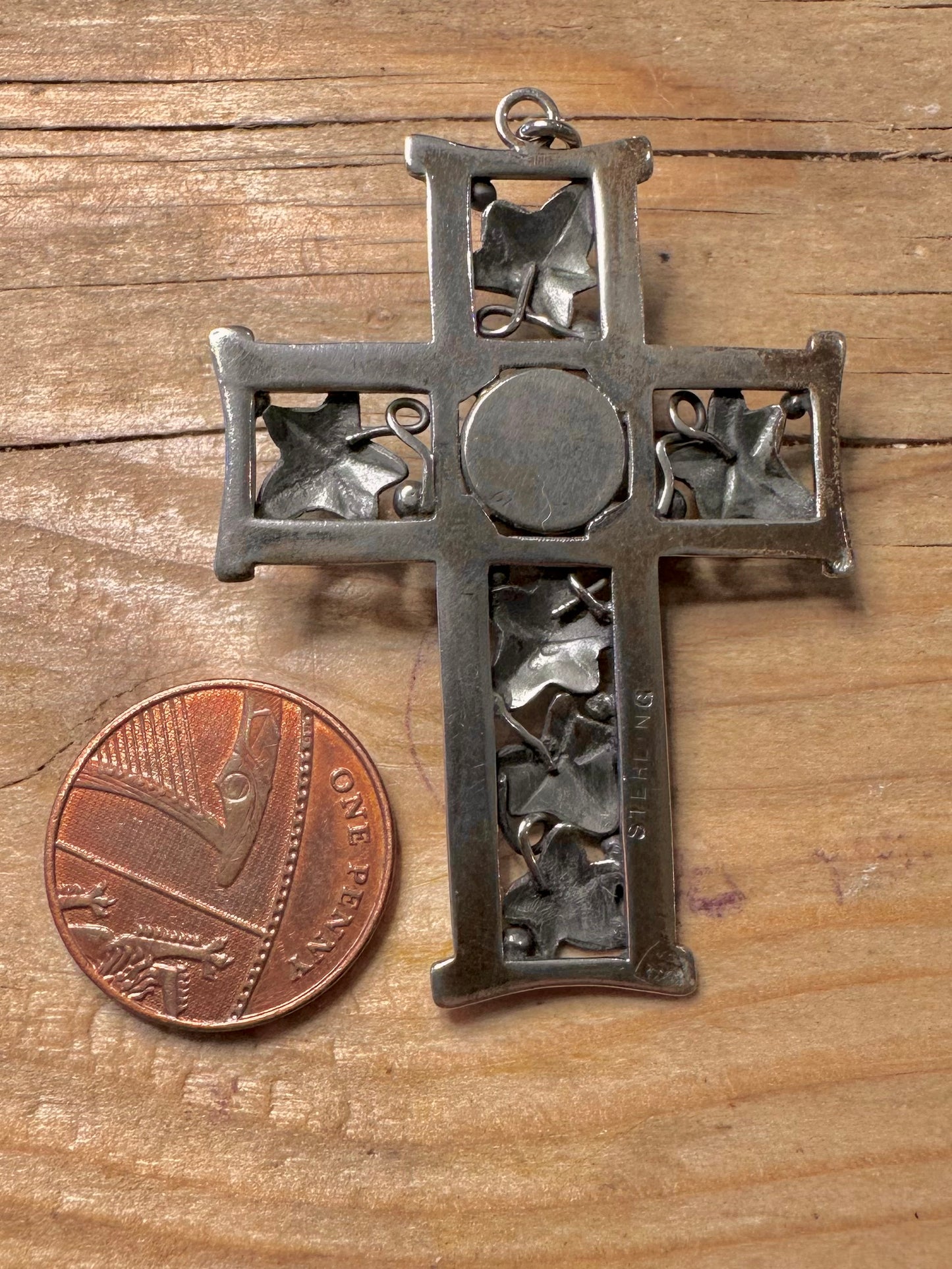 Vintage Amethyst Blatt-Design Kreuz 925 Sterlingsilber Anhänger