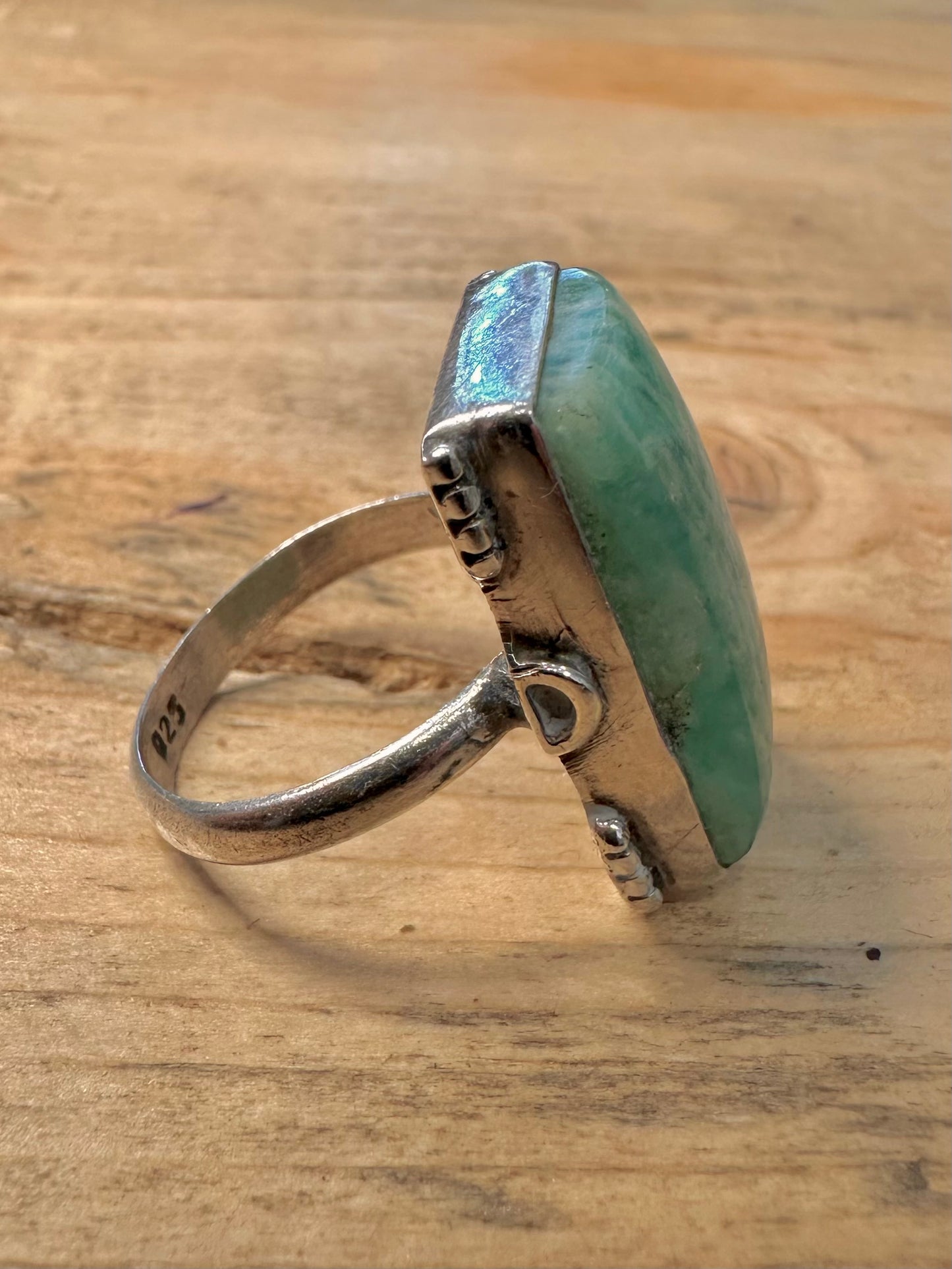 Vintage Green Rectangular 925 Silver Size Q Ring