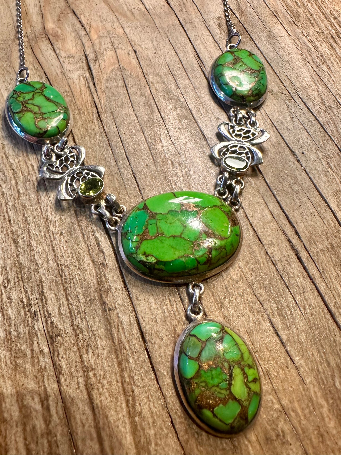 Vintage Green Turquoise and Peridot 925 Sterling Silver 18 inch Necklace