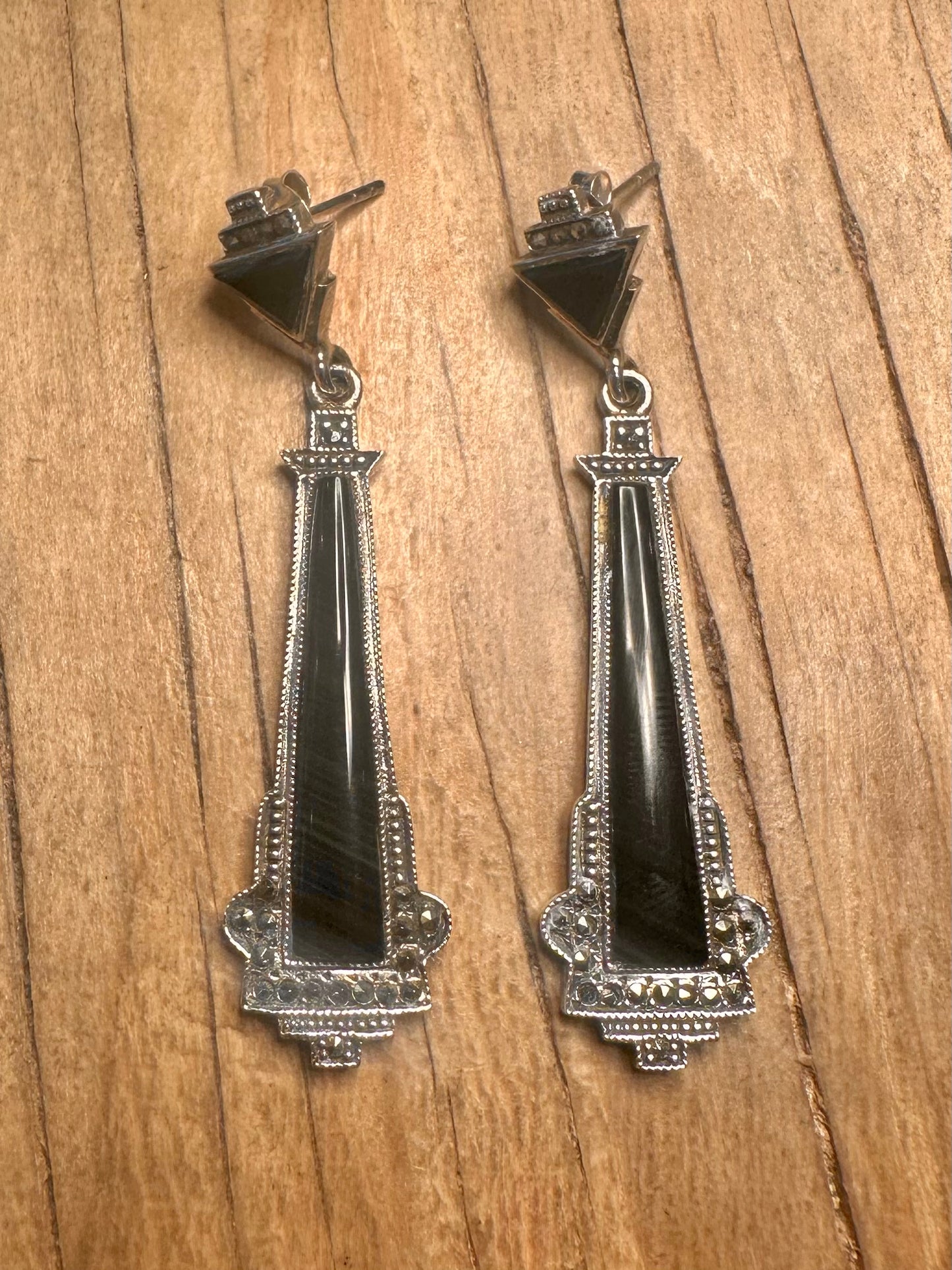 Vintage Art Deco Onyx and Marcasite 925 Sterling Silver Earrings