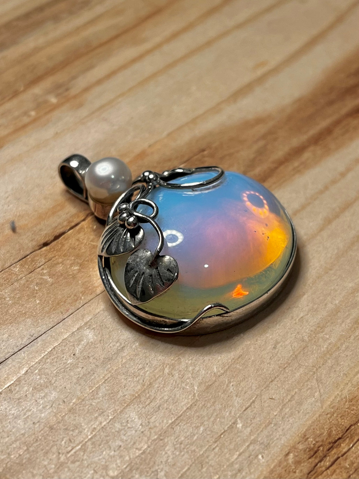 Opalite and Pearl Floral 925 Sterling Silver Pendant