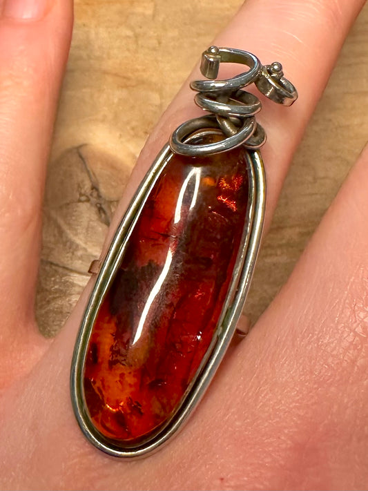 Vintage Elongated Abstract Amber 925 Silver Size U1/2 Ring