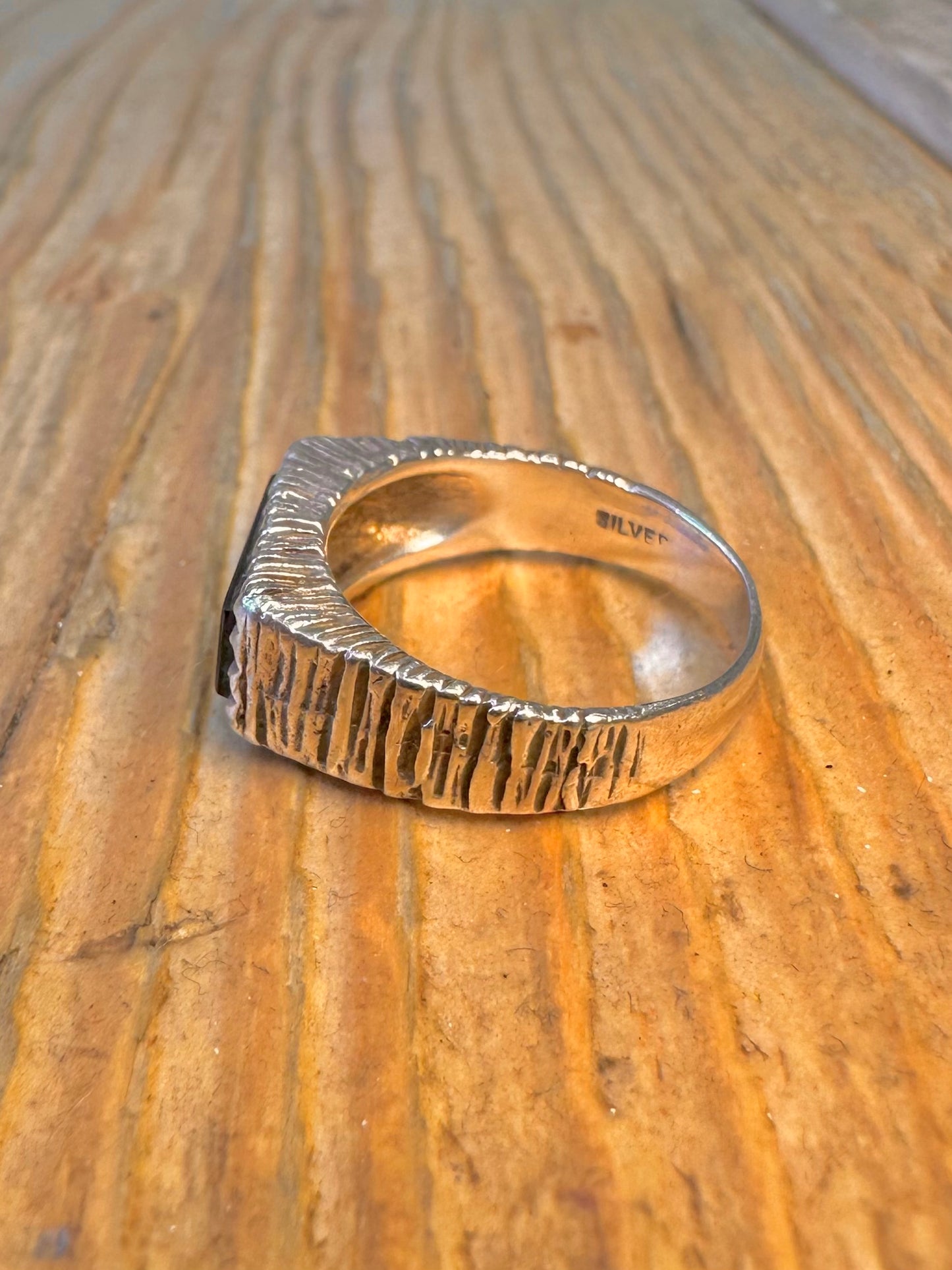Onyx Bark Effect 925 Sterling Silver Size O1/2 Ring