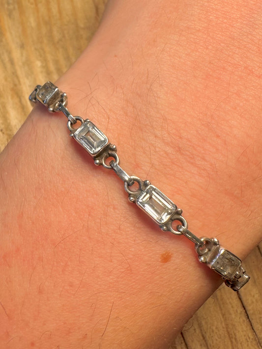 Vintage CZ Rectangle T Bar 925 Sterling Silver 7.3 inch Bracelet