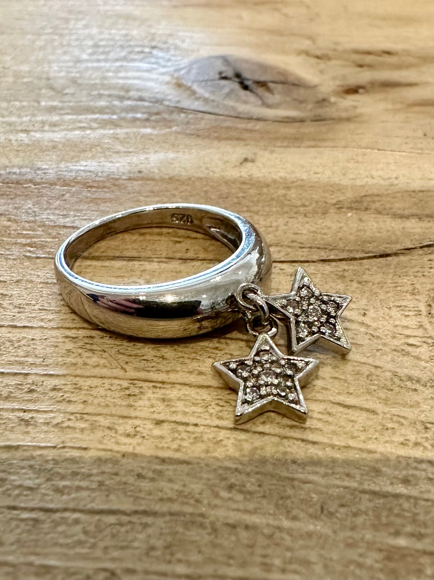 Vintage Double CZ Star Charm 925 Silver Size M1/2 Ring