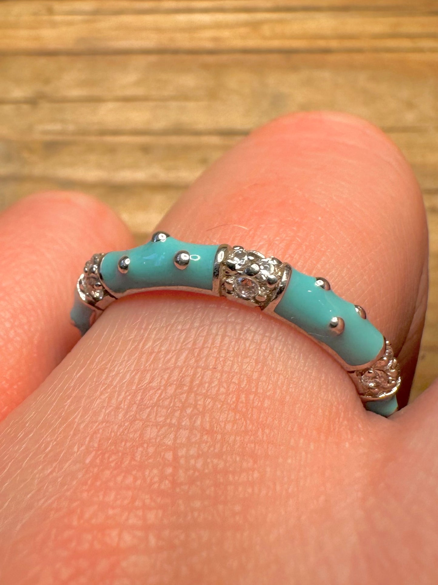 Modern Blue Enamel and White Stone Maker ESPO 925 Sterling Silver Size S Ring