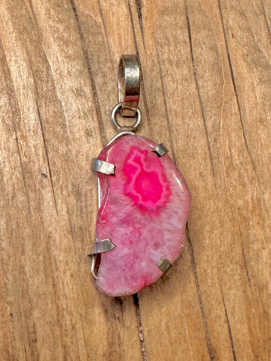 Abstract Pink Druzy Agate Slice 925 Sterling Silver Pendant