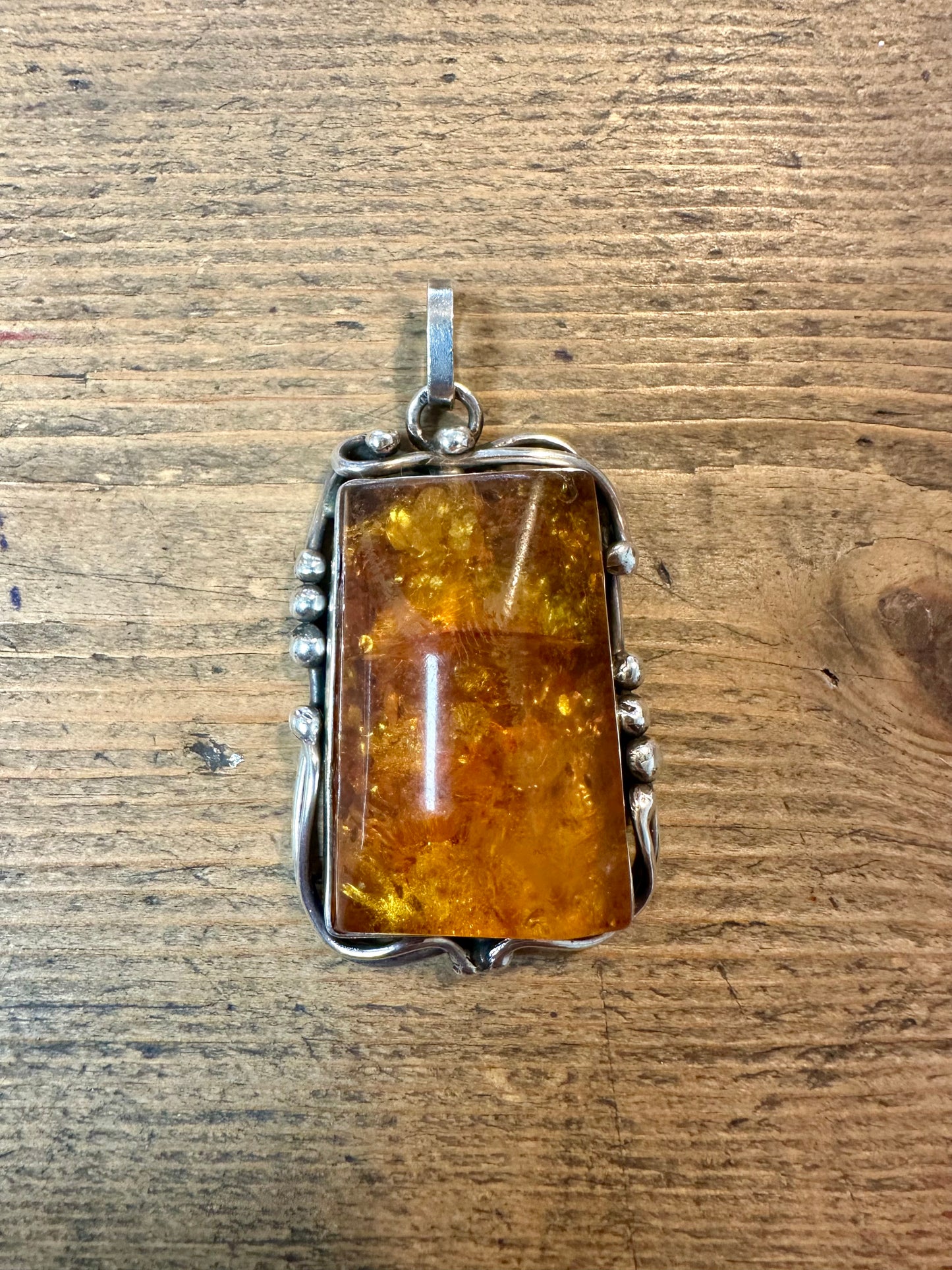 Vintage Ornate Rectangle Amber 925 Silver Pendant