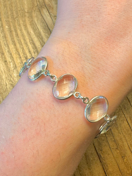 Clear Quarts Faceted T Bar 925 Sterling Silver 7 to 8 inch Bracelet