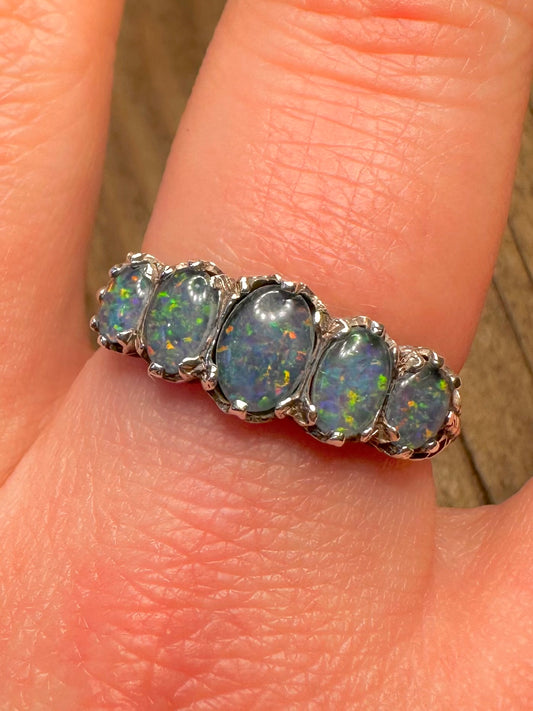 Victorian Style Five Opal 925 Sterling Silver Size T Ring