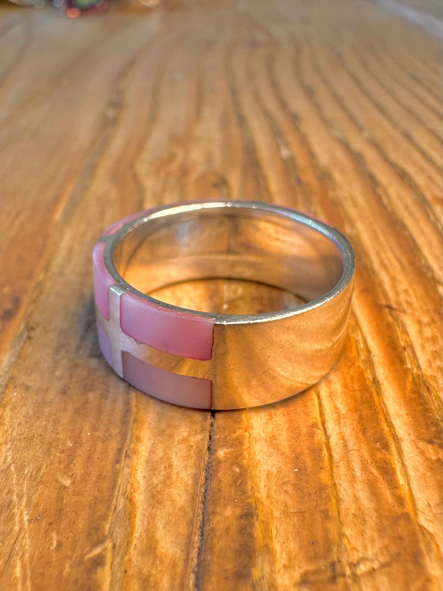 Pink Mother of Pearl Inlay Band 925 Sterling Silver Size P Ring