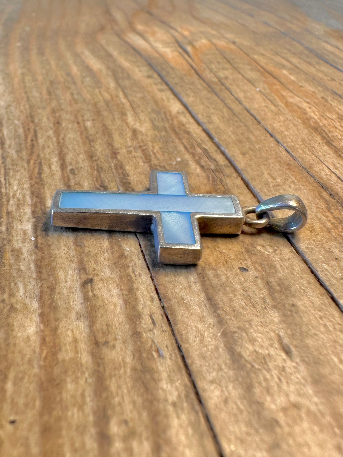 Blue Mother of Pearl Cross 925 Sterling Silver Pendant