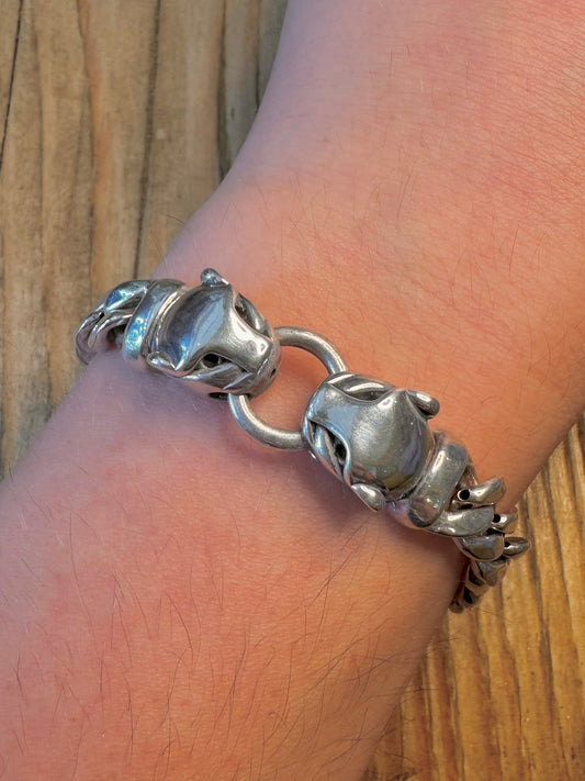 Double Panther Head Curb Chain 925 Sterling Silver 7.5 inch Bracelet