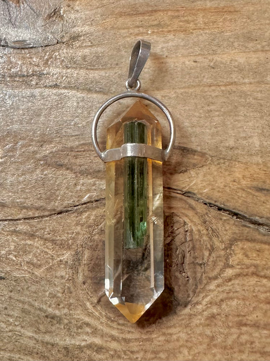 Vintage Citrine and Green Quarts 925 Silver Pendant