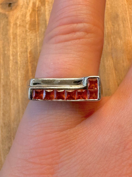 Orange Stone Line with Heart Cut Out 925 Sterling Silver Size O Ring