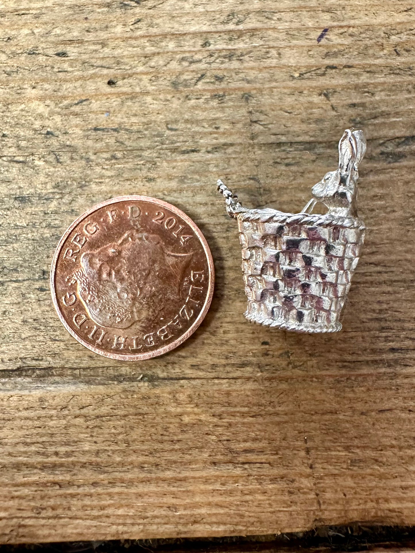 Vintage Bunny in a Basket Silver Charm Pendant