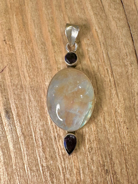 Vintage Moonstone and Dark Blue Stone 925 Sterling Silver Pendant