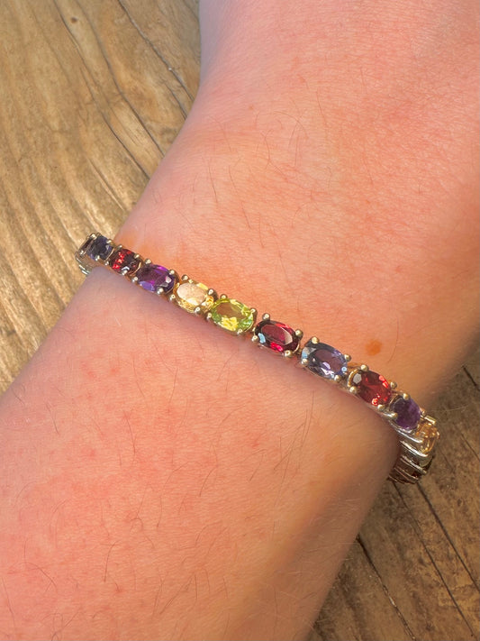 Multi Gemstone Oval Cut Gold on 925 Sterling Silver 7 inch Bracelet