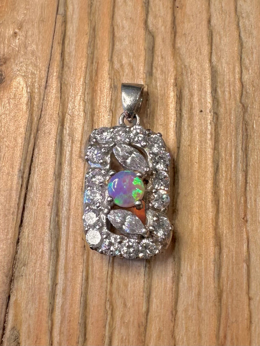 Vintage Opal and CZ Rectangle 925 Sterling Silver Pendant