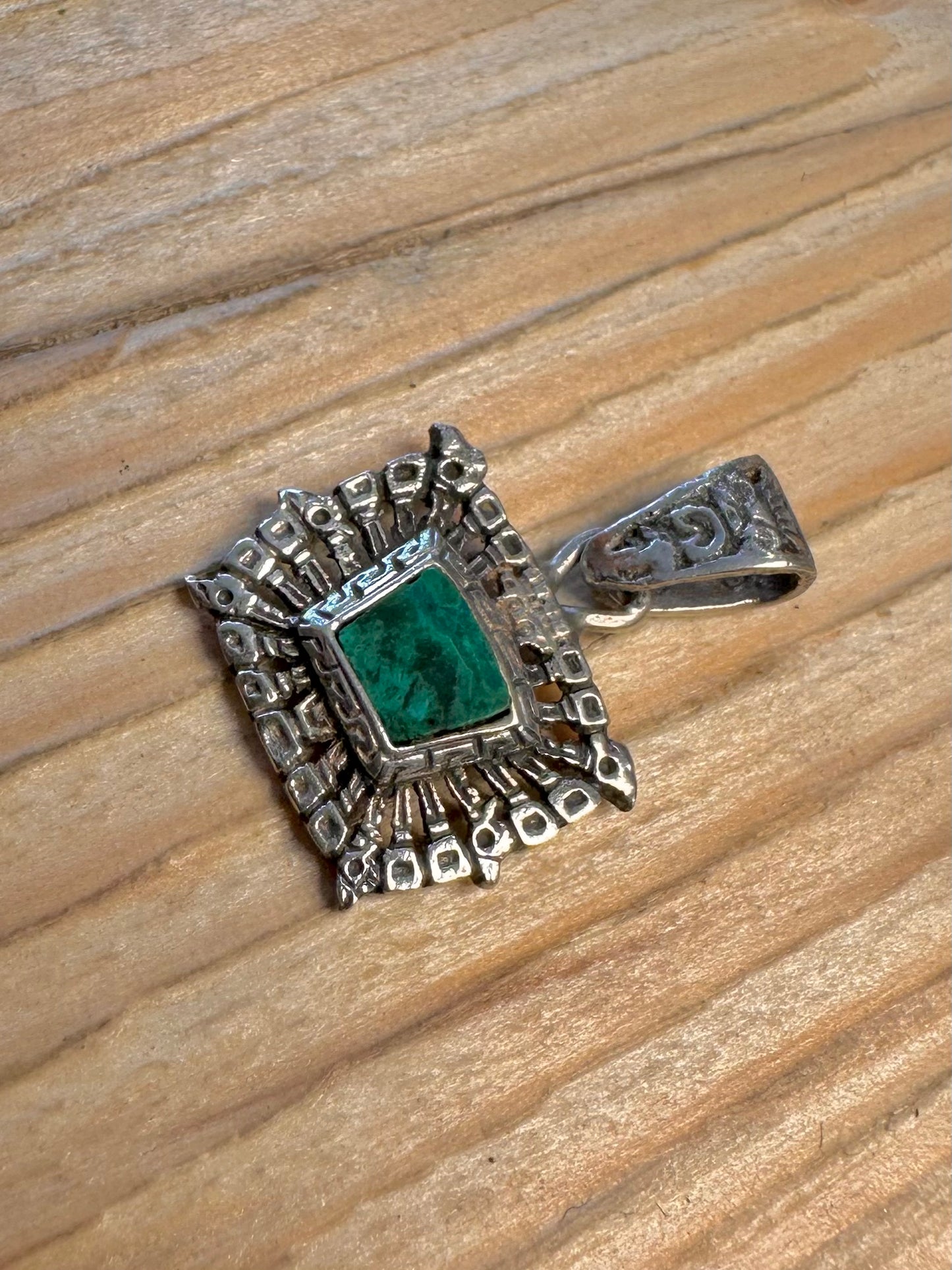 Vintage Aztec Style Turquoise Green 925 Sterling Silver Pendant