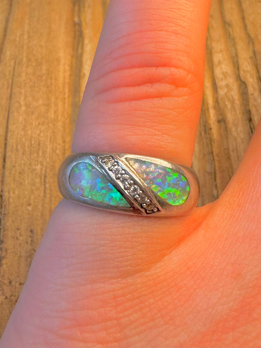 Opal Inlay and White CZ 925 Sterling Silver Size O Ring
