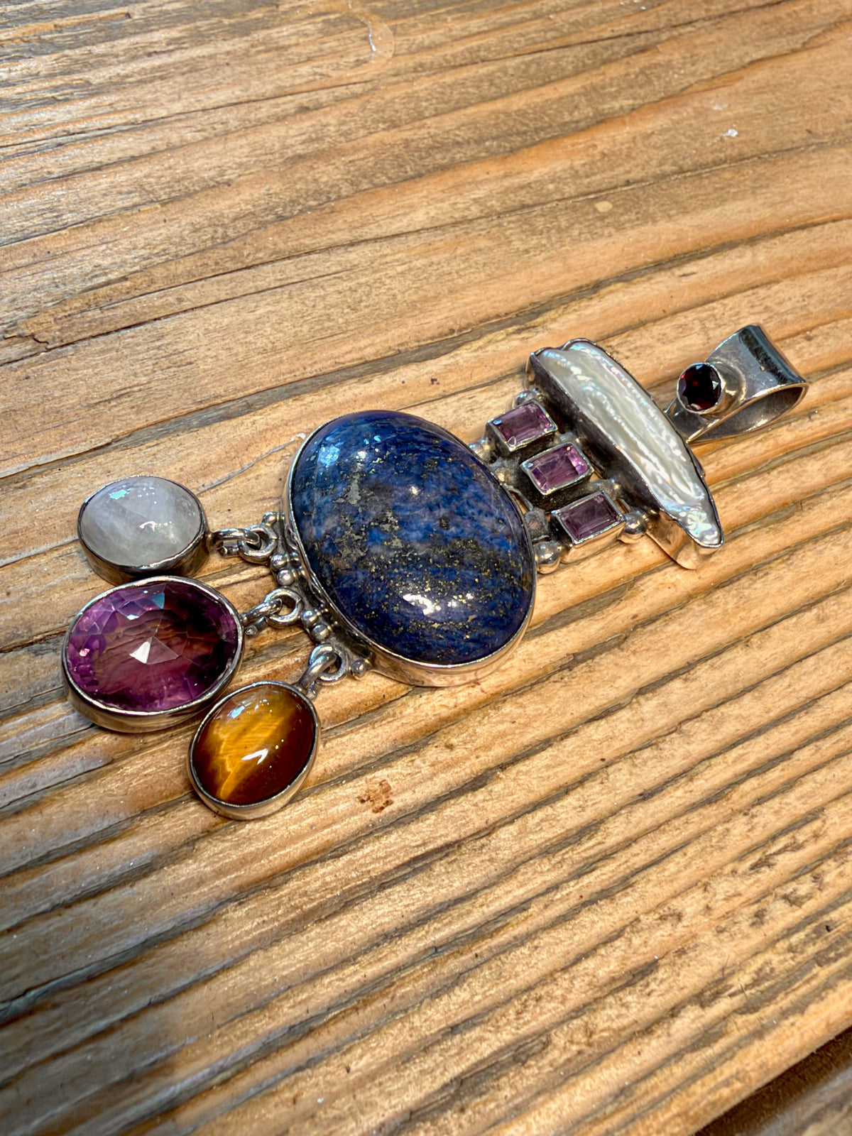 Large Multi Gemstone Lapis Mother of Pearl Moonstone Tigers Eye 925 Sterling Silver Pendant
