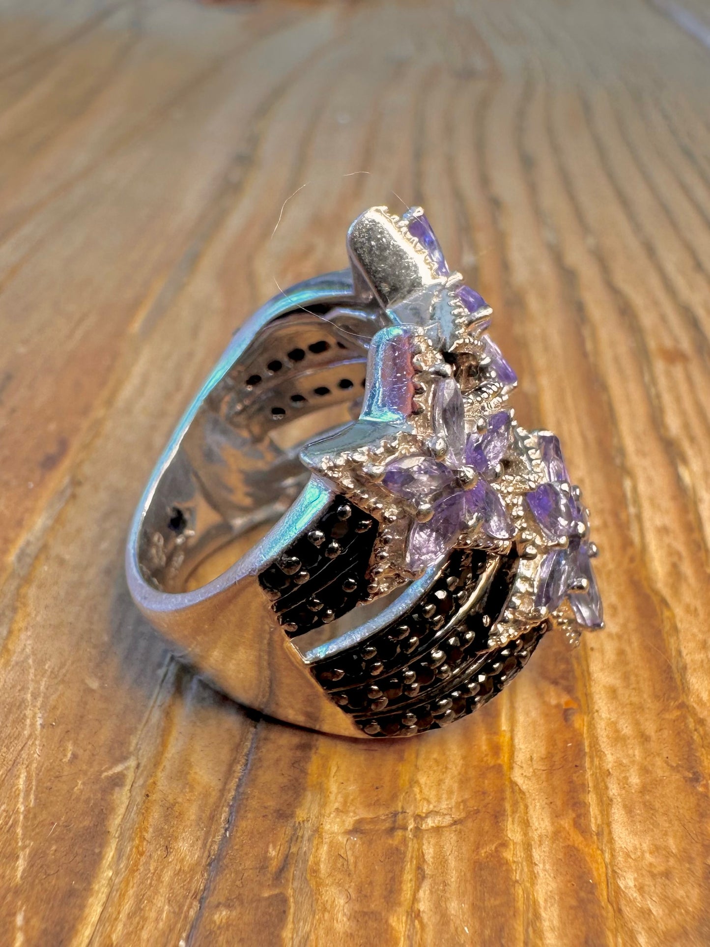 Star Tanzanite and Black Spinel Stones 925 Sterling Silver Size N Ring