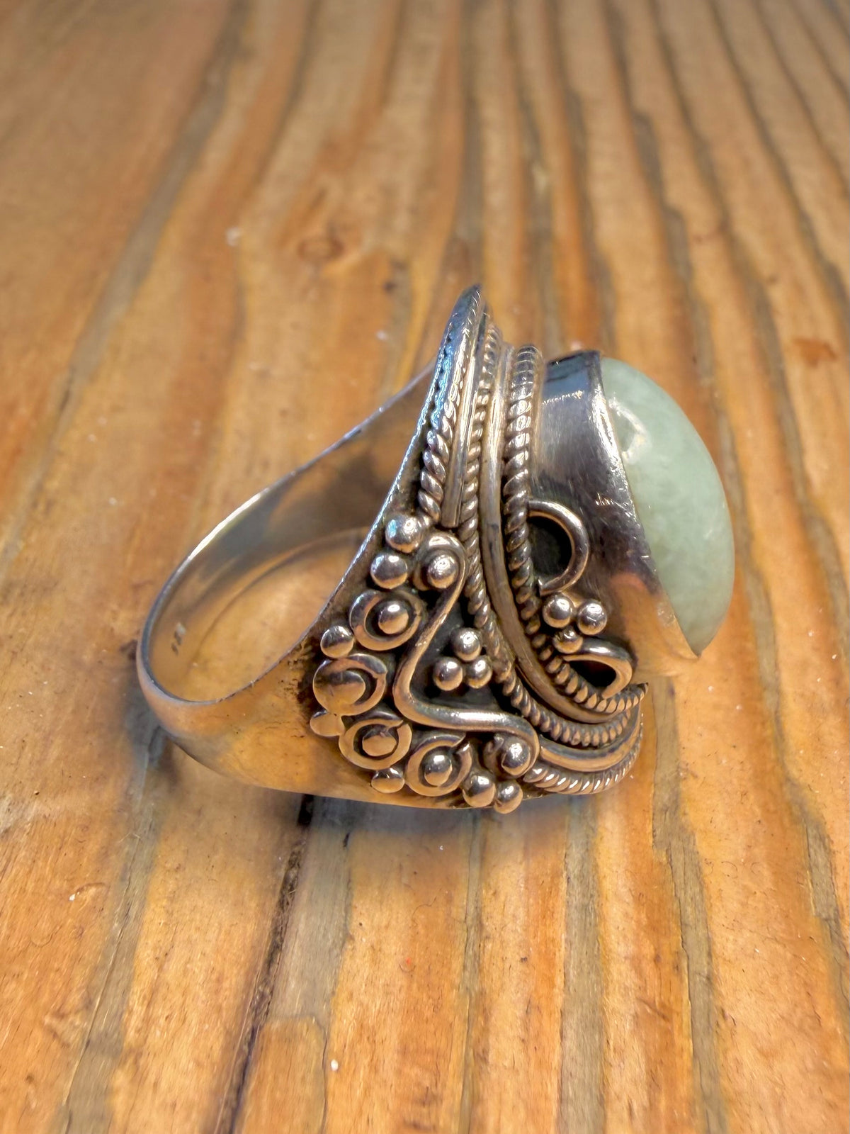 Ornate Jade Boho Style 925 Sterling Silver Size P Ring