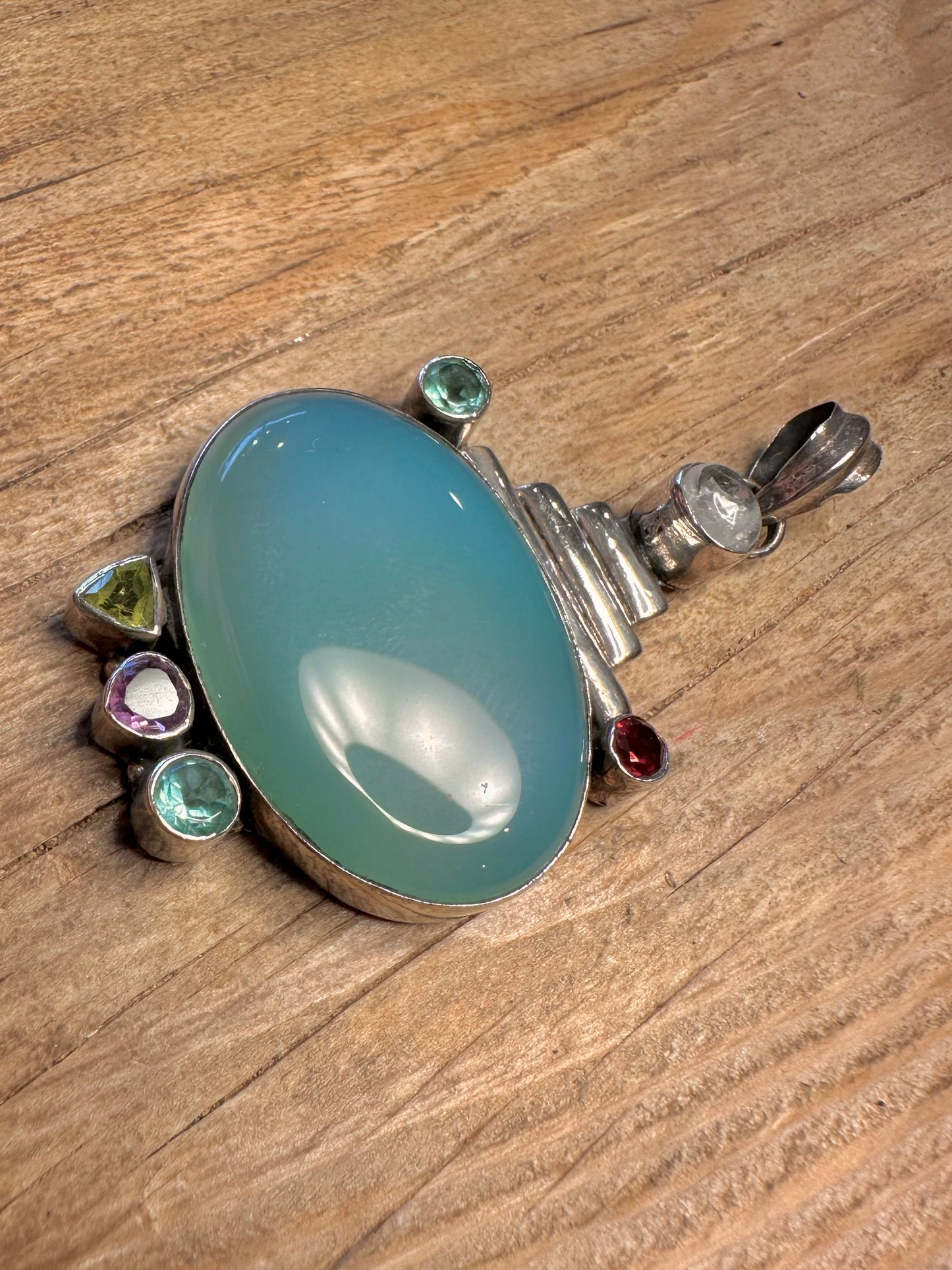 Vintage Blue Chalcedony and Multi Gemstone 925 Sterling Silver Pendant