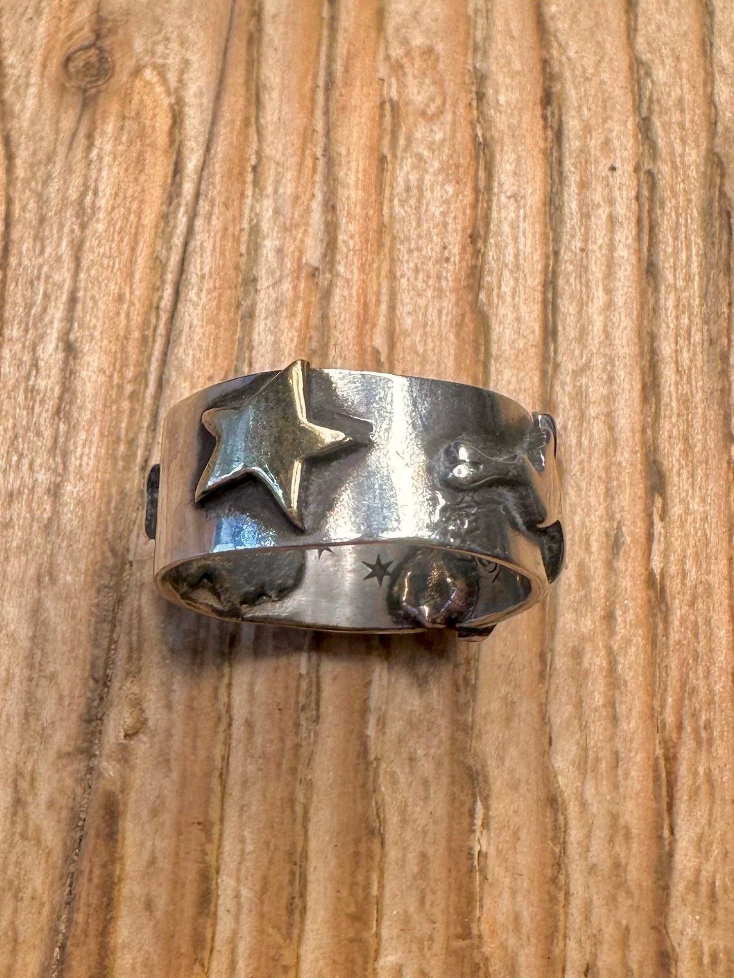 Vintage Handmade Hare Star and Moon Gold Plate on 925 Sterling Silver Size N Ring