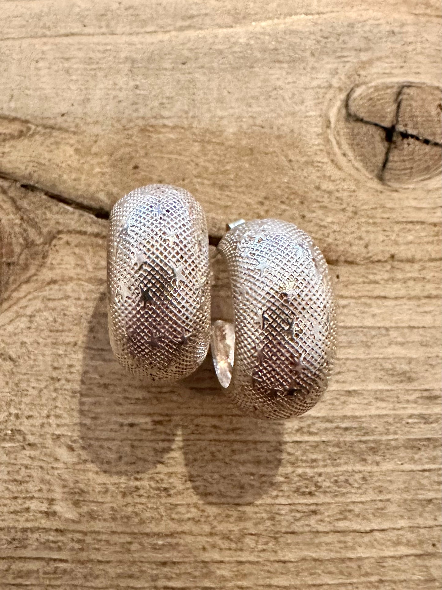 Vintage Chunky Textured Half Hoop 925 Silver Earrings