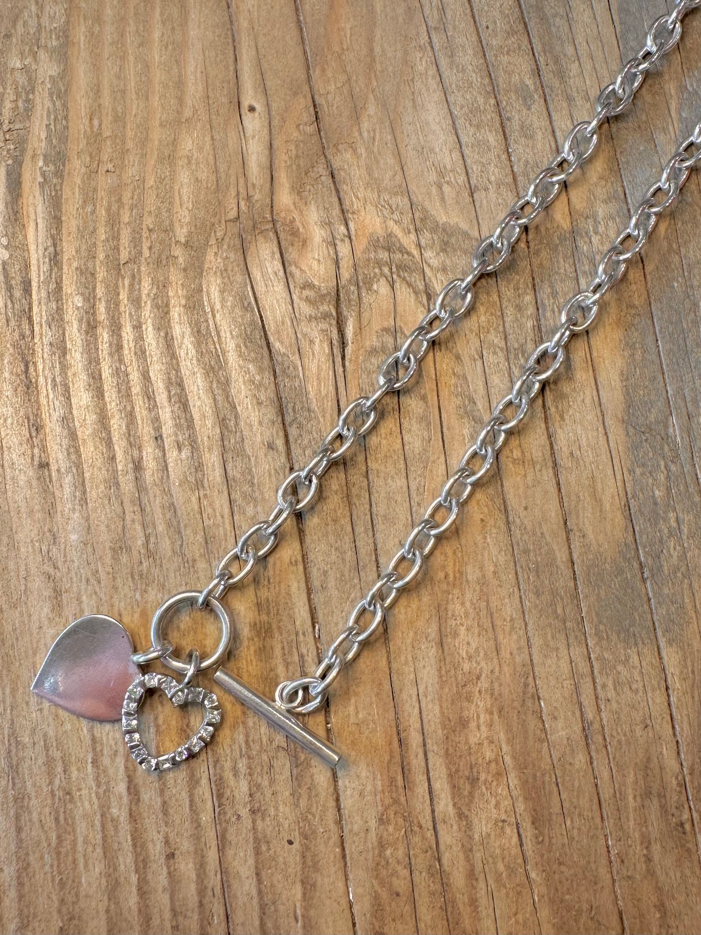Belcher Heart CZ T Bar Clasp 925 Sterling Silver 17 inch Necklace