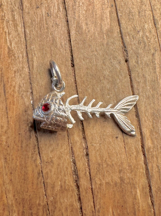 Vintage Fish Bones Red Stones 925 Sterling Silver Charm Pendant