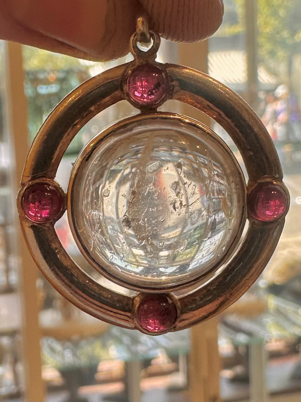 Clear Quarts and Garnet Circle 925 Sterling Silver Pendant