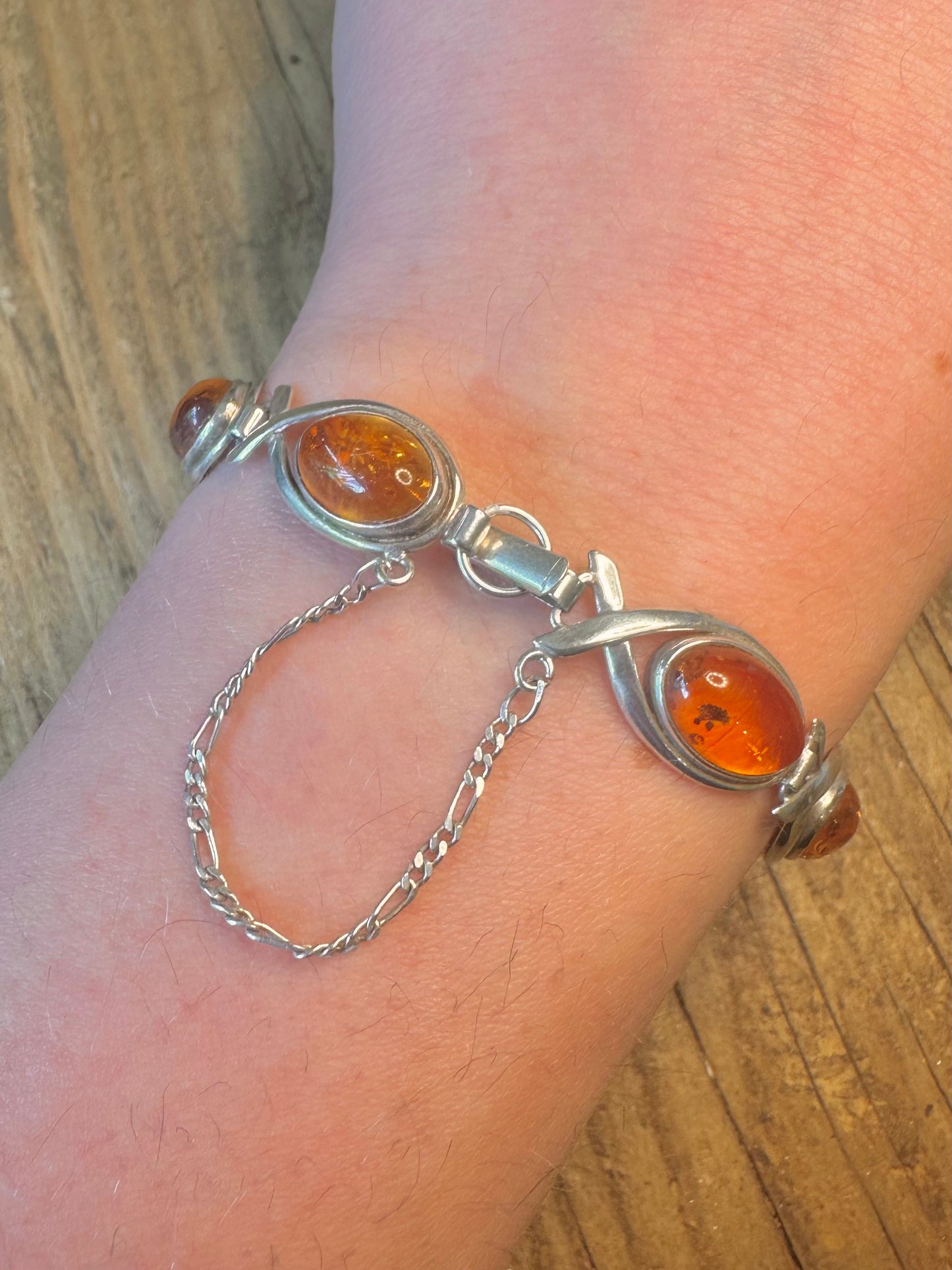 Modernist Oval Amber Link with Safety Chain 925 Sterling Silver 7 inch Bracelet