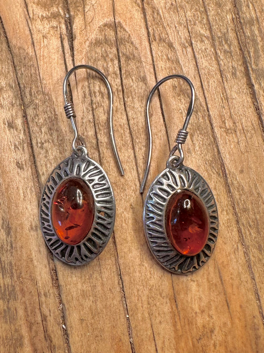 Oval Amber Textured 925 Sterling Silver Earrings
