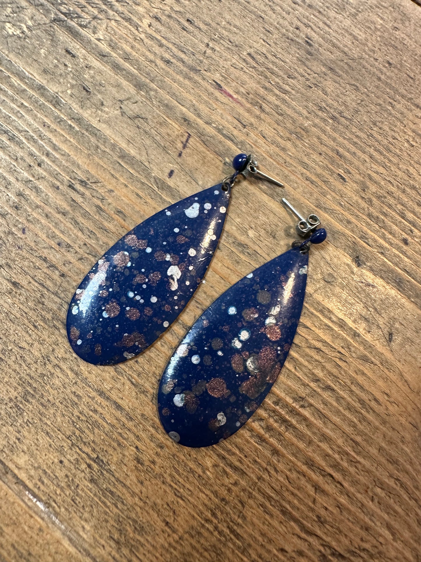 Vintage Blue Enamel Copper Dangle Earrings