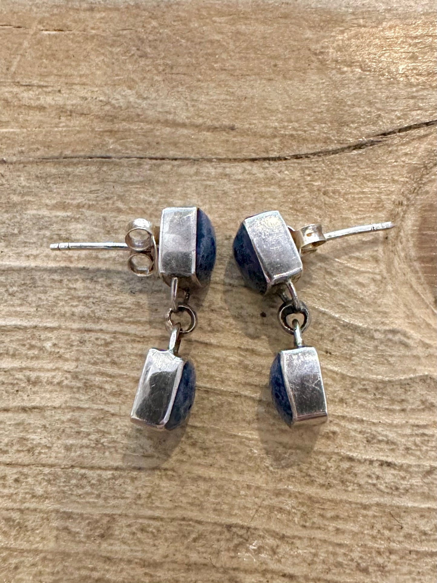 Vintage Blue Stone Square 925 Silver Earrings