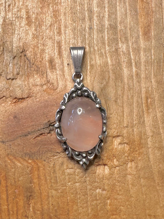 Ornate Rose Quarts 925 Sterling Silver Pendant