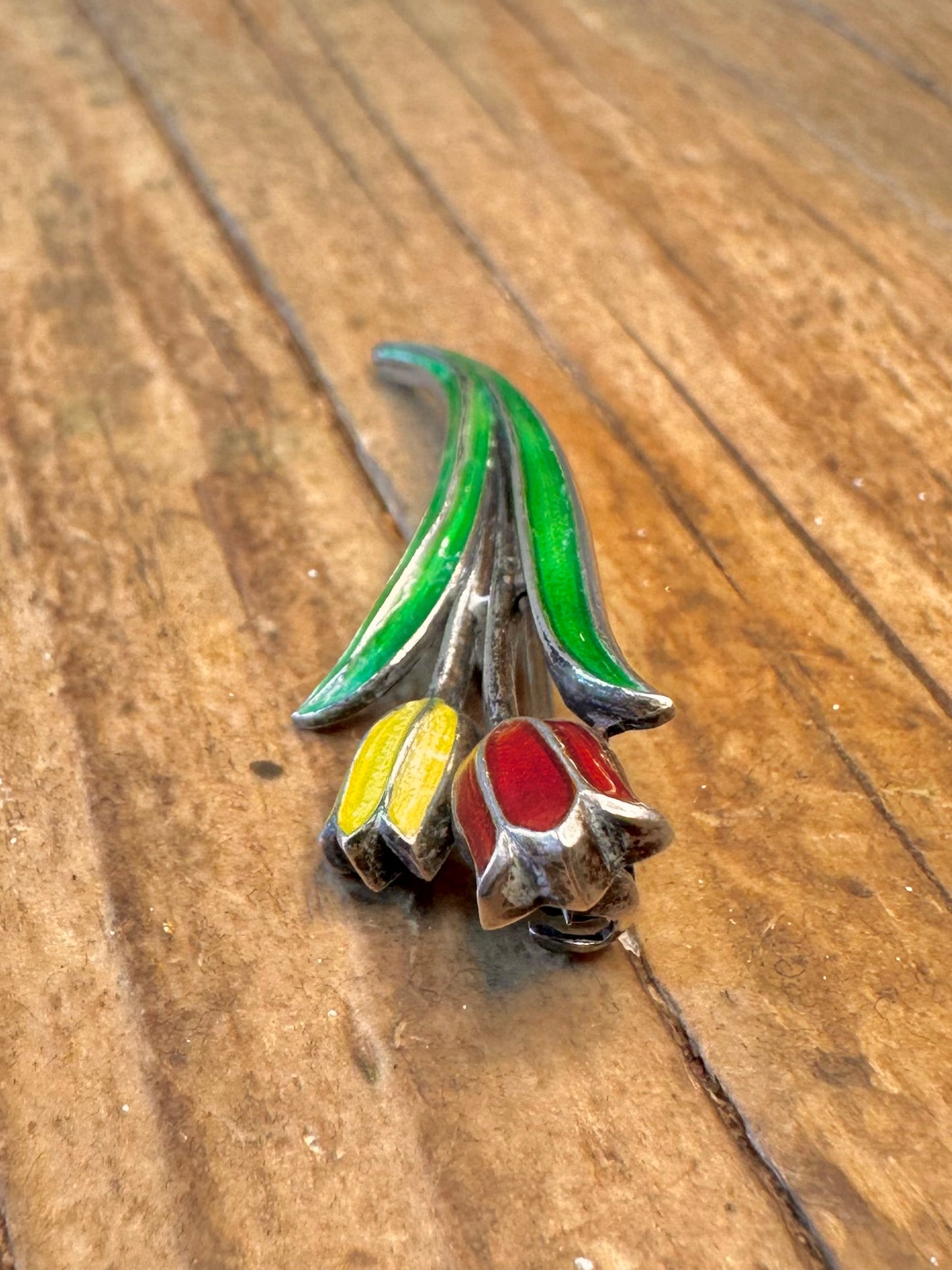 Austrian Enamel Tulip 835 Silver Brooch