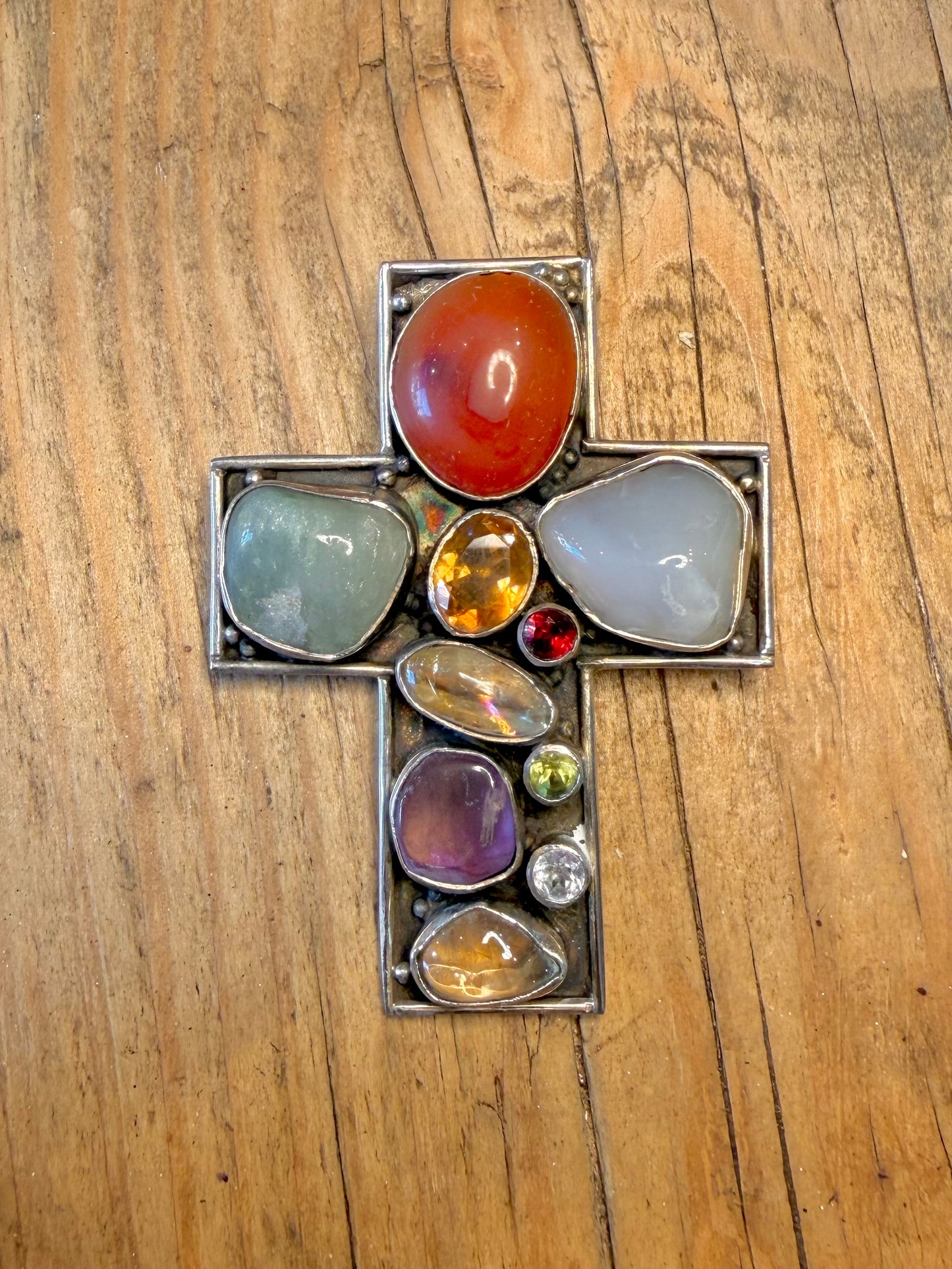 Large Multi Gemstone Cross 925 Sterling Silver Pendant