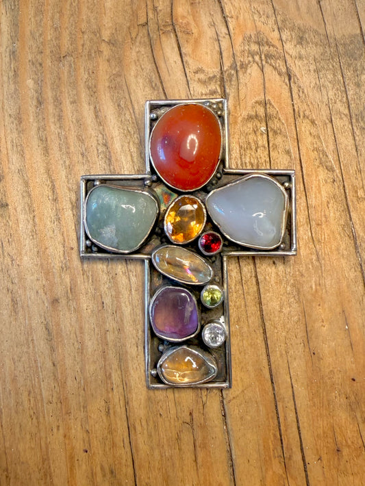 Large Multi Gemstone Cross 925 Sterling Silver Pendant