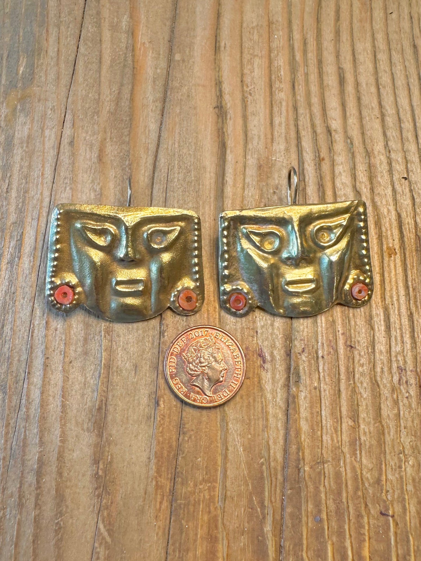Peruvian Coral Mask Style Gold Toned Brass Earrings