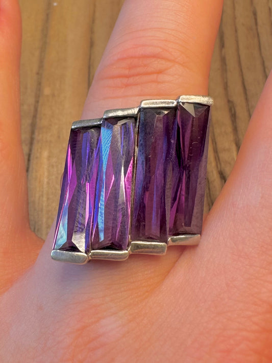 Purple Stone Baguette Cut Staggered 925 Sterling Silver Size P1/2 Ring