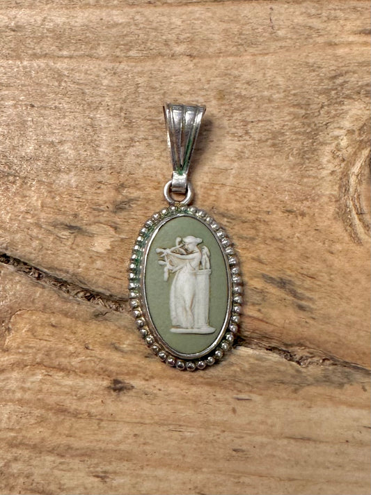 Vintage Green Cameo JW Maker 925 Silver Pendant
