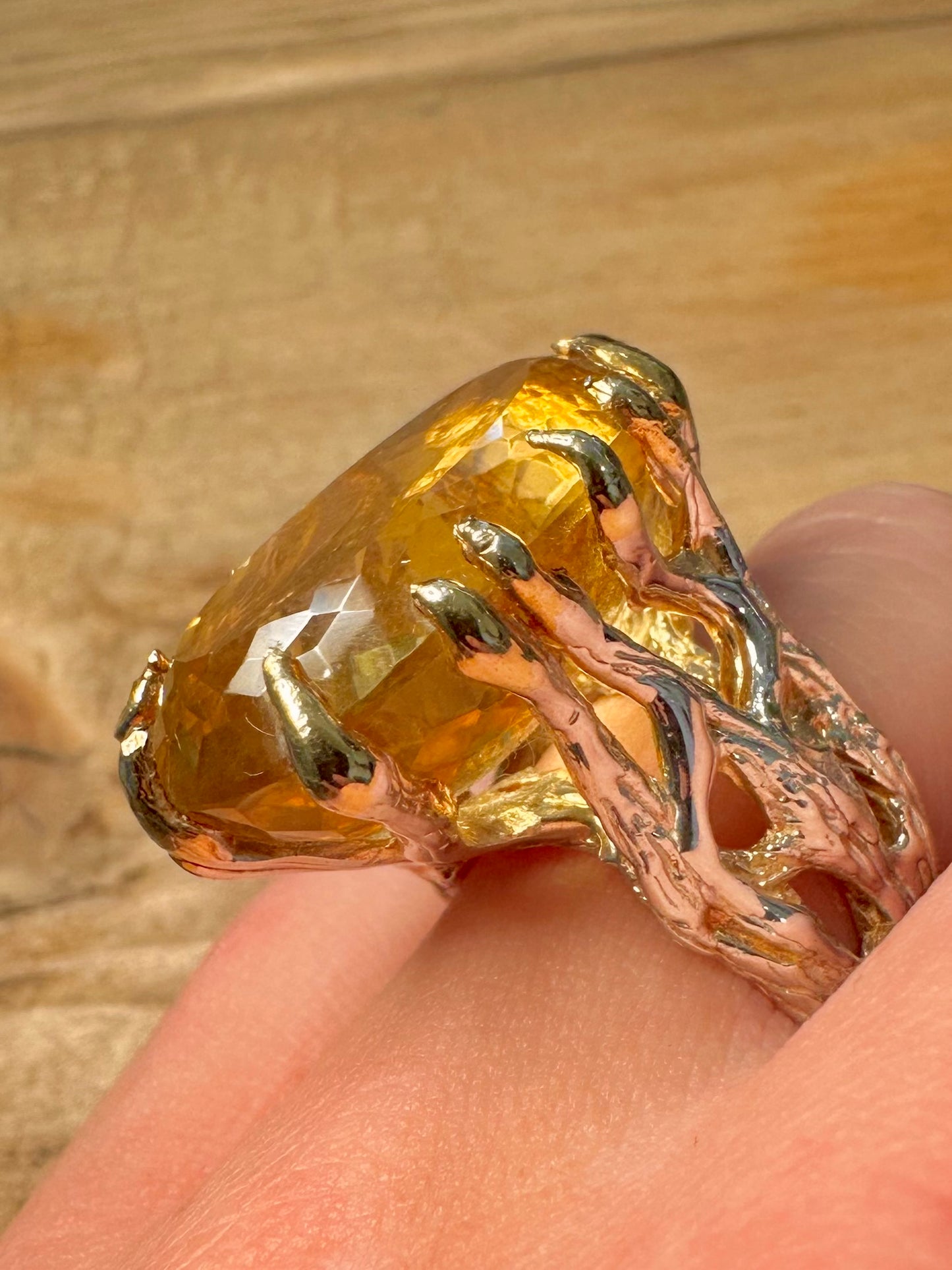 Abstract Large Citrine Stone Claw Mount 925 Silver Size R Ring