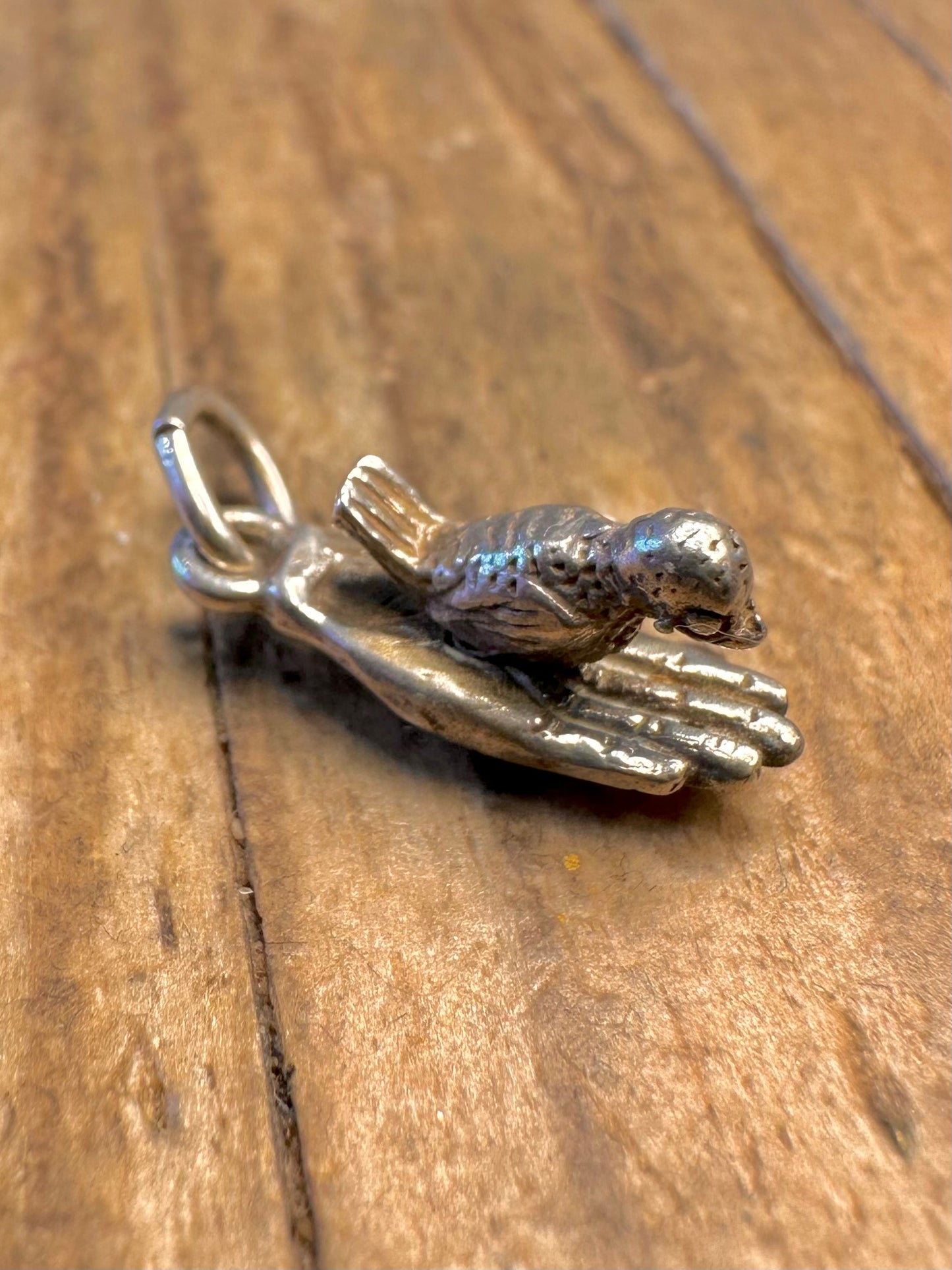 Bird Sat on Hand Rotating 925 Sterling Silver Charm Pendant