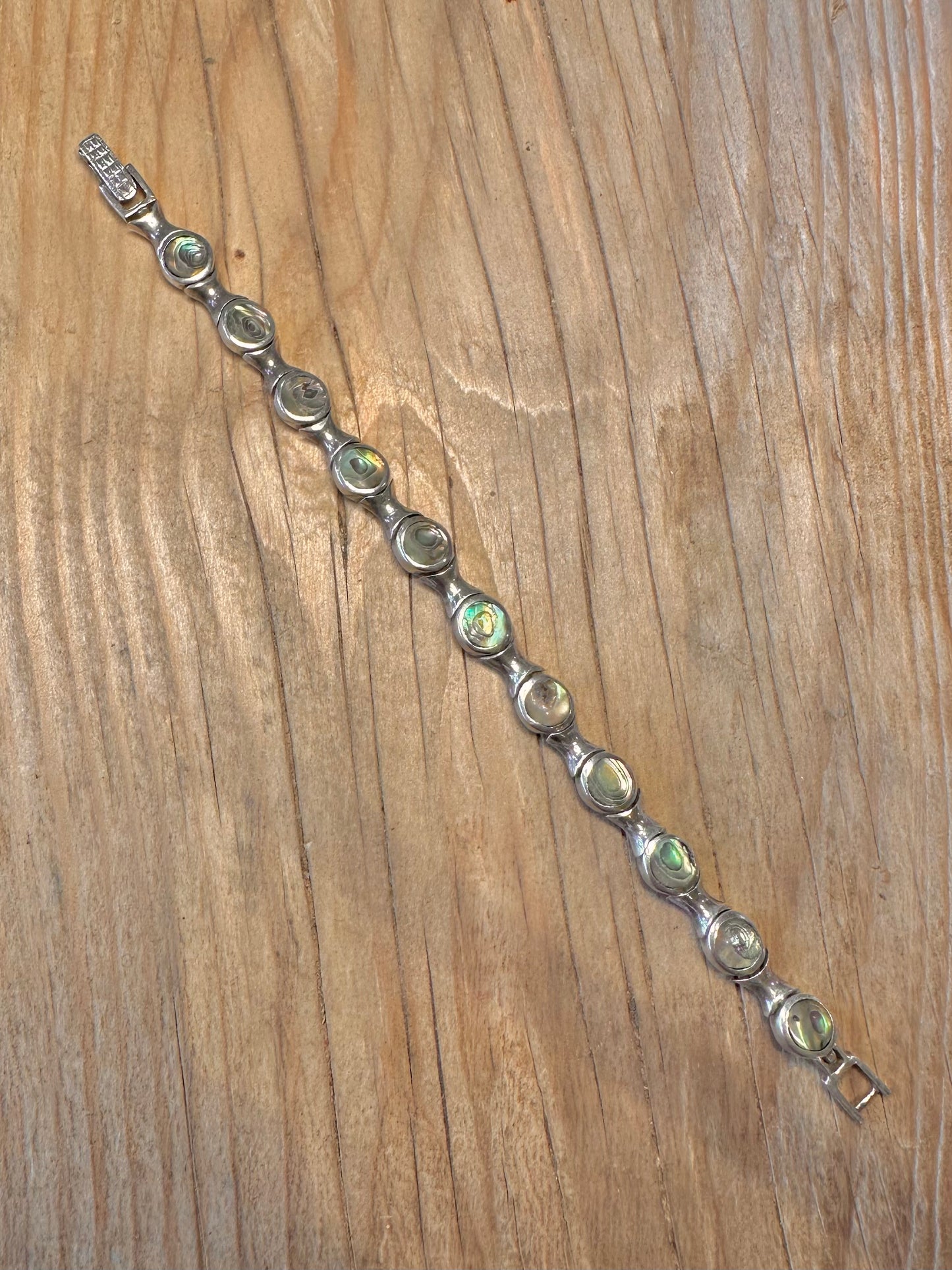 Vintage Heavy Abalone Oval Link 925 Sterling Silver 7.2 inch Bracelet