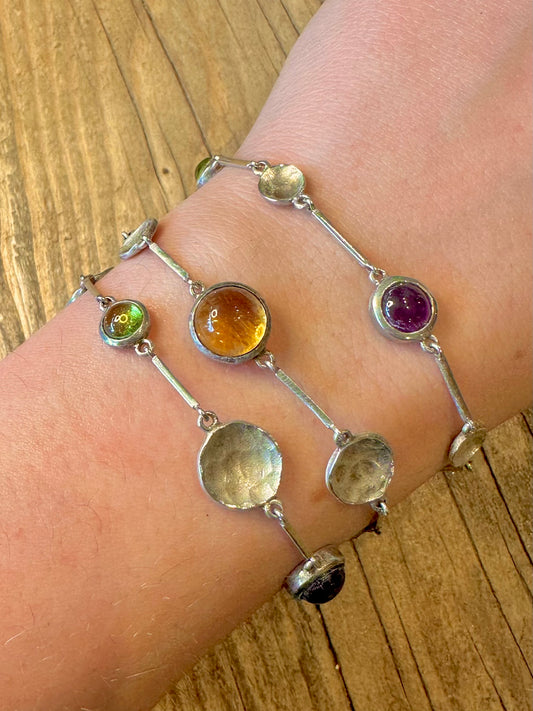 Modernist Multi Gemstone Hammered Three Strands T Bar 925 Sterling Silver 7.5 to 8.5 inch Bracelet