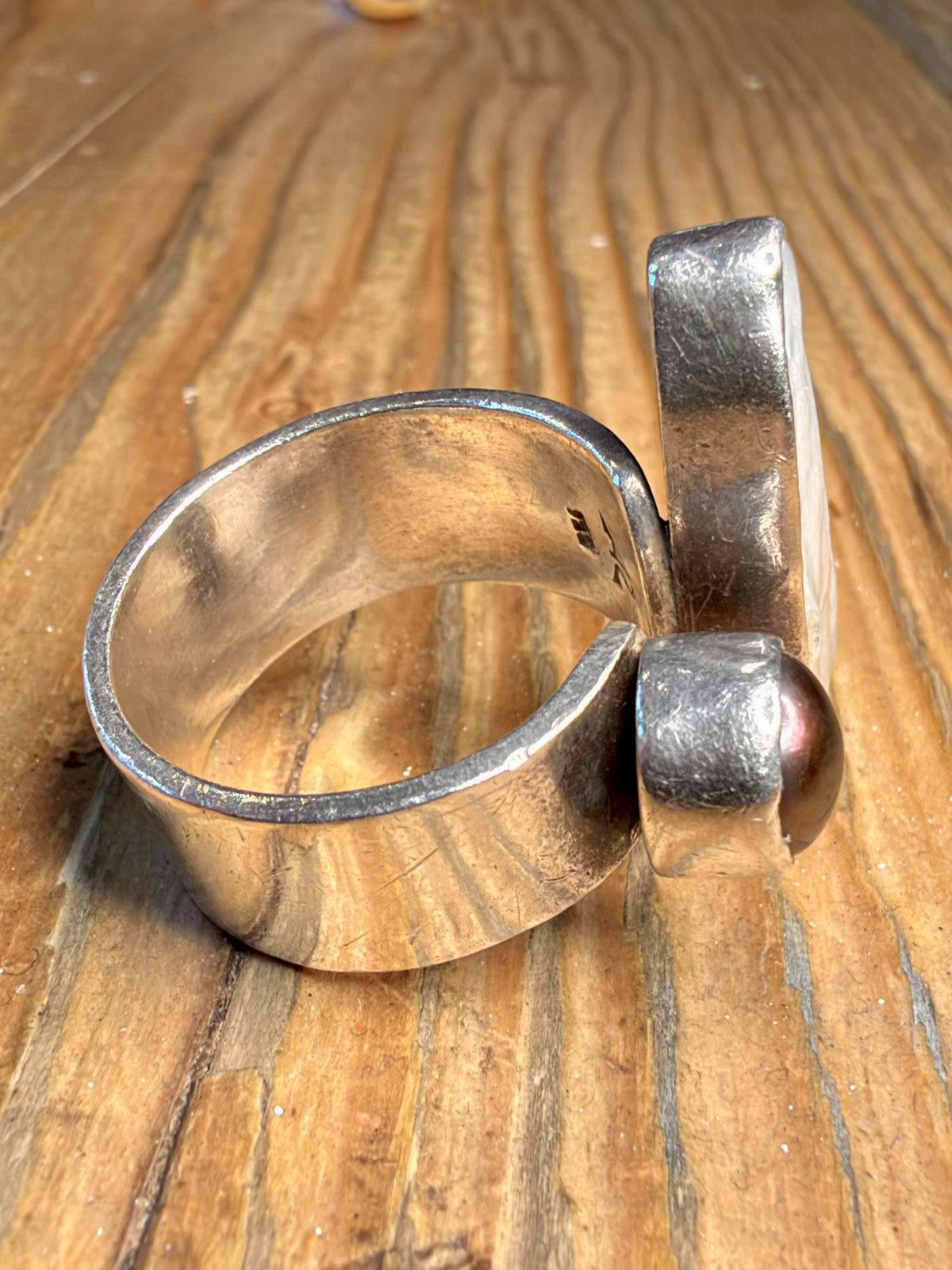 Abstract Mother of Pearl and Baroque Pearl 950 Silver Size R Ring